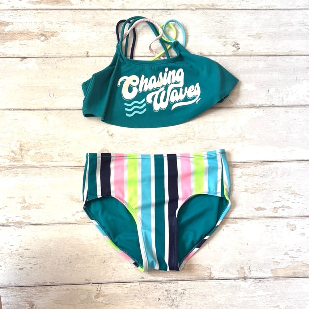 Justice Size 10 Girls 2 Piece Swimsuit Bikini High Waisted Teal Blue Color
